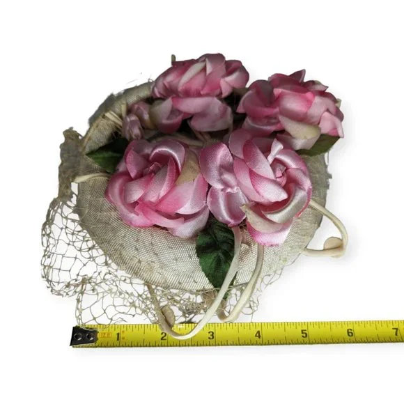 Vintage Ivory & Pink Floral Fascinator Style Hat with Net Veil - Picture 8 of 9